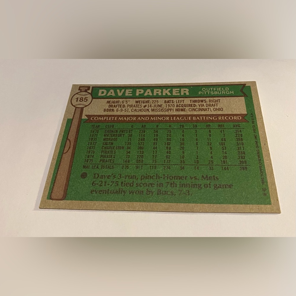 Dave Parker 1976 Topps Baseball Card Vintage Collectible # 185 - Picture 2 of 3